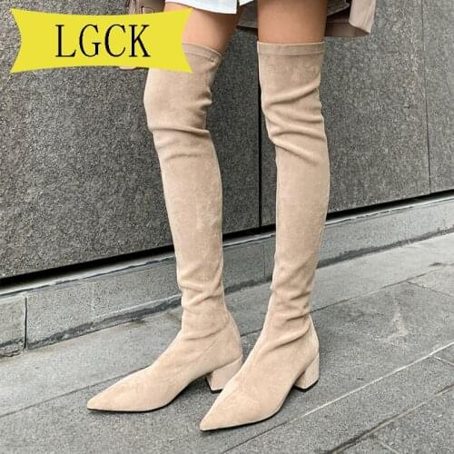 Plus Size 34-43 Women Warm Fur Winter Boots Women Slim Stretch Knee High Boots Ladies Long Boots Winter Shoes Over The Knee Boot