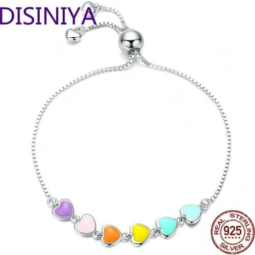 Rainbow Color Enamel Heart Bracelet for Women Heart-shape 925 Sterling Silver Chain Bracelet Anti-allergy Jewelry SSCB56158