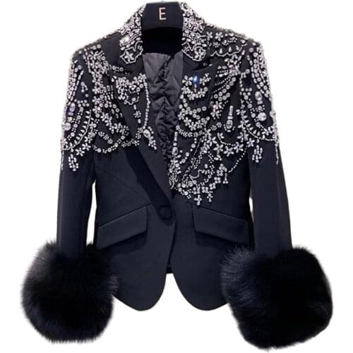 Autumn Winter Plus Cotton Suit Coat Women Shiny Diamonds Design Long Sleeve Womens Black Blazer Jackets Real Fox Fur Cuffs