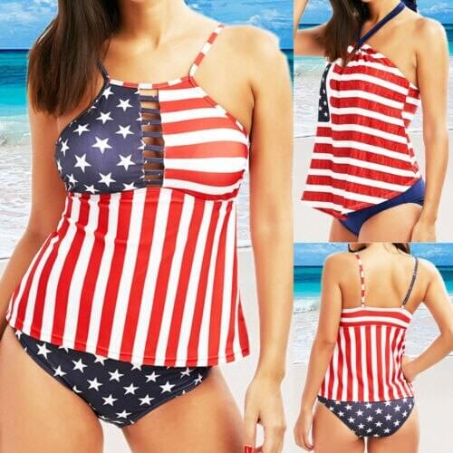 Independence Day Womens Star Stripes Bikini Set Bandage Push-Up Padded Swimwear Swimsuit Bathing Padded Swimsuit Bathing