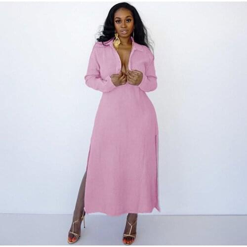 Plus Size Casual Solid Shirt Dress Women Long Sleeve Turn-down Collar Sexy Split Maxi Dress Straight Loose Tunic Long Dress Robe