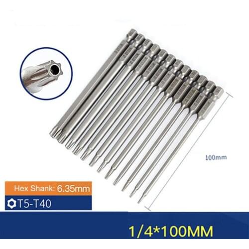 1Pcs Length 100mm 1/4 inch Hex Shank Torx Head Screwdriver Bits T5-T40 Magnetic Tamper Proof Security Drill Bit