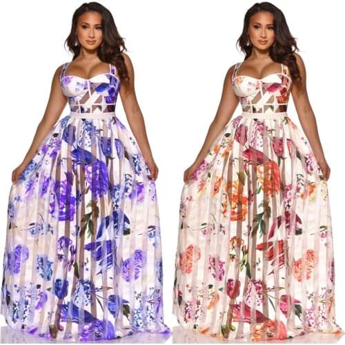 2021 Summer New XL See-through Halter Dress Sexy Ladies Cover Belly Loose Skirt European And American Print Fashion Casual Skirt