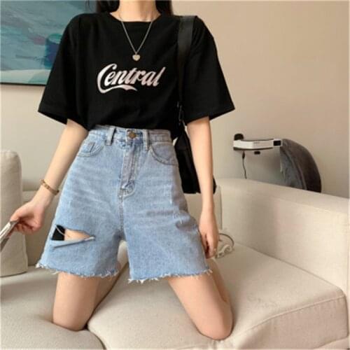 22002ne Warrival Chic Fashion Fit Loose Hoty Sale Summer Short Jeans Holes Button Single Breasted Cool Casual Five Length Jeans