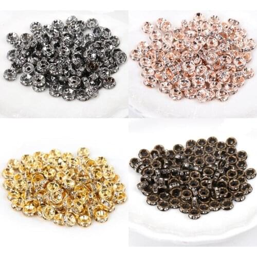 Metal Gold Rose Black Crystal Rhinestone Rondelle Spacer Loose Beads For DIY Jewelry Making Accessories 4 6 8 10mm 50pcs