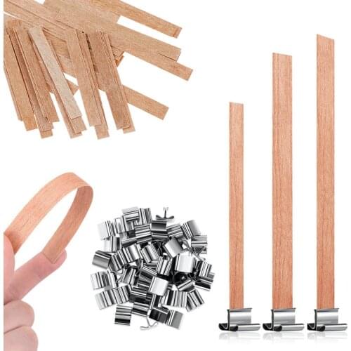 60pcs Candle Wicks Wooden Natural Wood Cores with Iron Stand Sustainer Wood Wicks for Candle Making (3 Different Size)