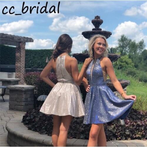 Sparkly Short Prom Dresses 2020 Sexy Halter Neck Sequined Cocktail Party Gowns For Women Plus Size selena gomez dress