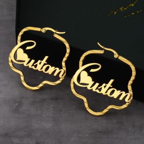 Stainless Steel Personalized Customize Flower Pattern Large Name Hoop Earrings Jewelry For Women Girls Circle Earring