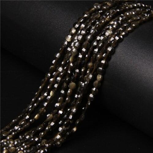 Natural Stone Beads Faceted Golden Obsidian Round Flat Loose 4 6MM Beads For Jewelry Making DIY Bracelet Charms Accessories 15"