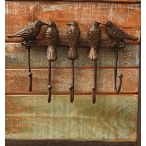 Cast Iron Five Birds Two Key Coat Hooks Wall Hanger Clothes Rail Set, Heavy Duty, Rustic Recycled