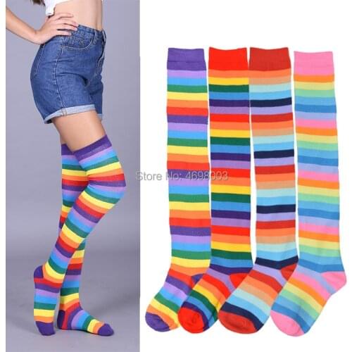 Long Socks Women Thigh Highs Socks Halloween Stockings Sexy Knee High Socks Stripe Fashion Rainbow Socks Happy Funny Socks Women