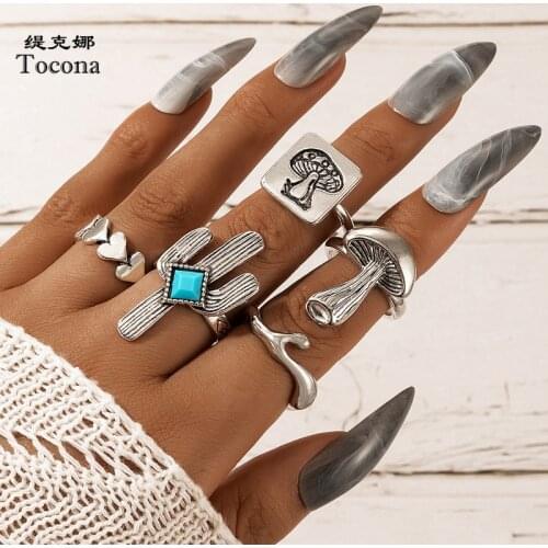 Tocona 5pcs/sets New Mushroom Joint Ring Sets for Women Charms Cactus Heart Alloy Metal Cute Ring Jewelry Accessories Anillo