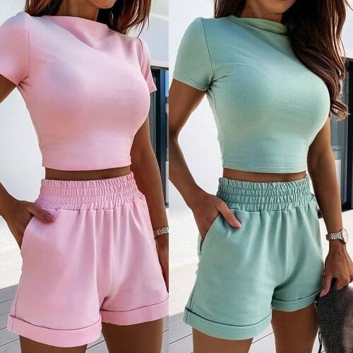Newest Arrival Women Summer Casual Set 2Pcs Sportswear Sets Girls Short Sleeve Cropped Top+Elastic Waist Shorts Casual Outfits