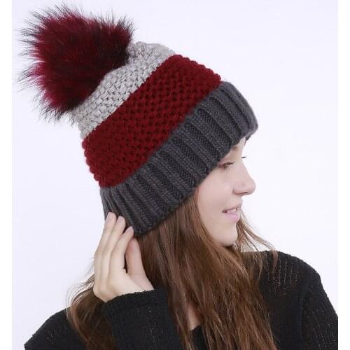 DUOJIAOYAN New knitting Wool Hat Girls Women Winter Single Layer Cap Color Matching Hats Curling Wool Ball Caps Hair Accessories