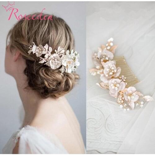 New Arrival Antique Gold Flower Bridal Hair Comb Fresh Water Pearl Wedding Hairpiece Women hair jewelry RE3910