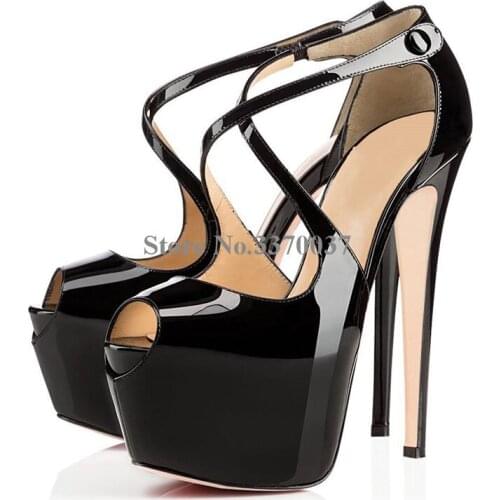 New Design Women Fashion Open Toe Patent Leather High Platform Pumps Strap Cross Black Nude High Heels Formal Dress Shoes
