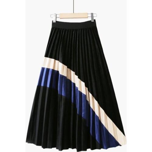 Autumn Winter Golden Velvet Color Midi Skirt 2021 Elastic High Waist Skirt For Women Slim Pleated Long Skirts Female DQ1291