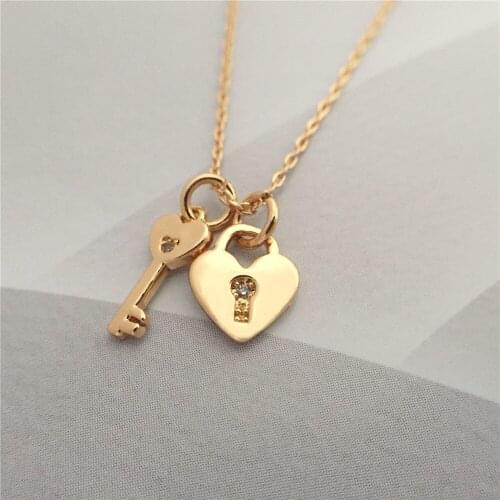 New Trendy Gold Color Plating Small Key Heart Lock Zircon Paving Charm Delicate Necklace For Women Girl Elegant Gorgeous Jewelry