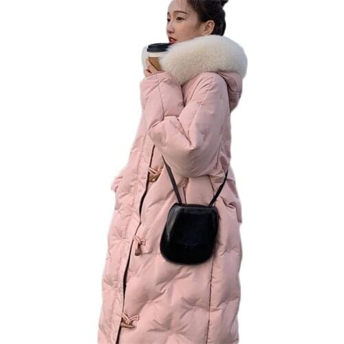 2020 New Winter Large Size Duck Down Long Jacket Women Fox Fur Collar Hooded Down Coat Loose Horn Buckle Parkas NS2312