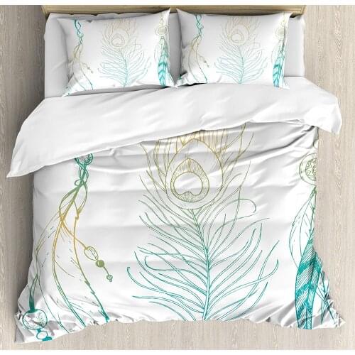 Peacock Duvet Cover Set Aesthetic First Nations Feather and Peacock Tail Traditional Design Print Decorative 3 Piece Bedding Set