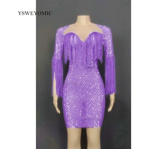 New purple Green Blue Red Rhinestone Fringe Short Dress Transparent Half Sleeves Birthday Celebrate Outfit Women DS Dance Dress