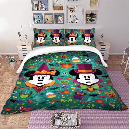 Disney Mickey Minnie Halloween Series Printed Bedding Green Cartoon Duvet Bed Cover Pillowcase Children Bedroom Holiday Dress