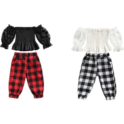 Baby Girls Shirt&Pants Outfits Fashion Fall 2PCS Off-shoulder Mesh Spliced Dot Long Sleeve Tops+Plaid Trousers For Children 1-5Y