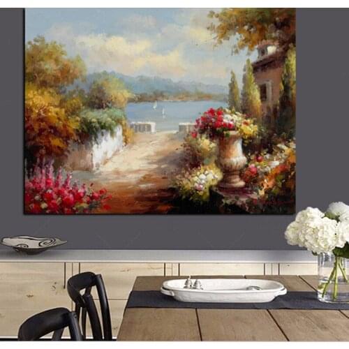 Countryside Mediterranean Style Sea Garden Flower Landscape Oil Painting On Canvas Sofa Background Wall Decor Poster Wall Art