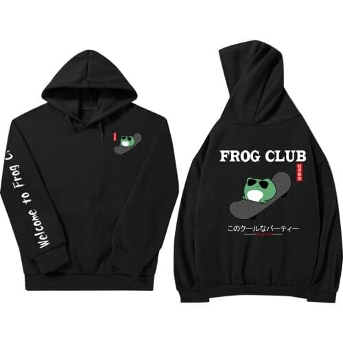 Cute Frog on Skateboard Black Hoodie Cotton Harajuku Thermal Sweatshirt for Women Pastel Clothes Drop Shoulder Pocket Streetwear