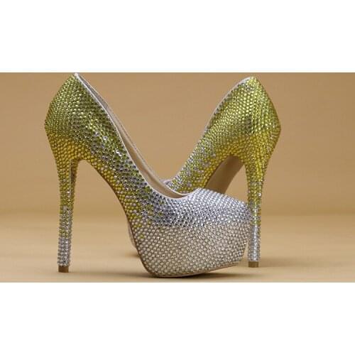 Yellow and Silver Gradient Crystal Wedding Shoes Super High Heel Round Toe with Platform Party Banquet Evening Dress Handmade