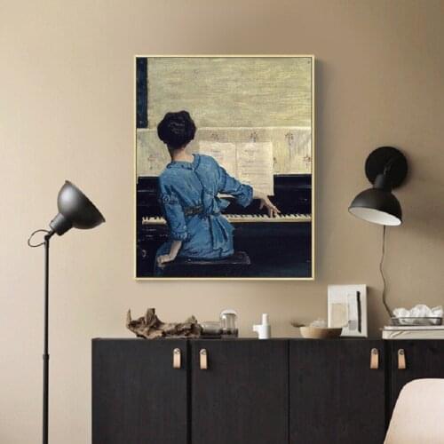 Vintage Play Piano Girls Poster Figure Canvas Painting Wall Art Pictures on Canvas for Living Room Gallery Home Decor