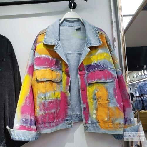 Heavy Industry Painted Denim Jacket Streetwear Womens 2021 Autumn New Fashion Loose Contrasting Color Short Jean Coat Outwear