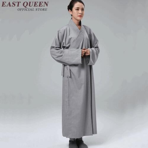 Female pure color buddhist monk robes Shaolin monk uniform for ladies Traditional chinese clothing Long sleeve cardigan KK809 Y