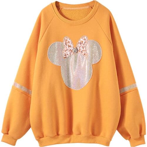 Women Winter Thicken Orange Sweatshirt Cartoon Diamond Loose Long Sleeve Pullovers