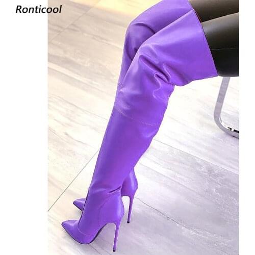 Ronticool Handmade Women Winter Over The Knee Boots Faux Leather Sexy Stiletto Heels Pointed Toe Purple Dress Shoes Us Size 5-15