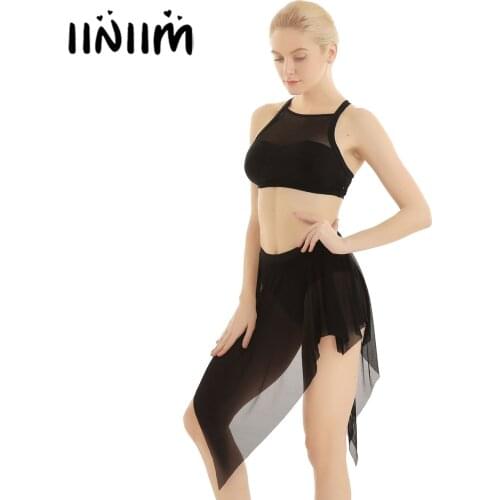 Women Adult Ballet Dance Dress Lyrical Dancewear Outfits Sleeveless Criss-cross Back Vest Crop Top with Asymmetrical Mesh Skirt