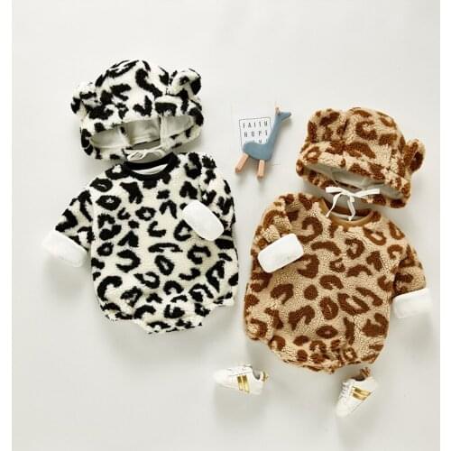 Winter Baby Clothes LeopardNewborn Baby Romper Jumpsuit With Hat Thick Fleece Baby Bodysuit Girl Boys Romper Toddler Overalls
