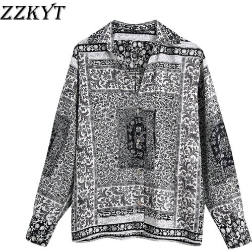 ZZKYT 2021 Women Spring Vintage Print Single Breasted Blouses Fashion Lapel Collar Long Sleeve Female Shirts Blusas Casual Tops