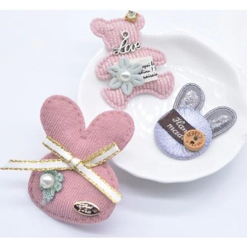 10Pcs Padded Cloth Rabbit Bear with Pearl Bow Rhinestone Appliques for DIY Clothes Hat Leggings Headwear Sewing Patches