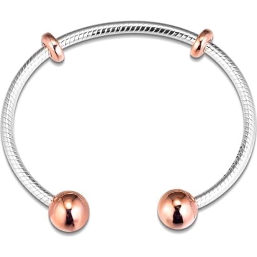 Cuff Bracelet 925 Sterling Silver Moments Snake Chain Style Rose Cap Bangle Bracelet for Women DIY Jewelry Gift 02RFB16
