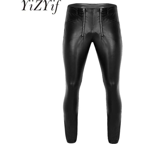 Sexy Men Faux Leather Pencil Pants Skinny Zipper Trousers Slim Fit Stretchy Tight Leggings Stage Dance Clubwear for Night Club