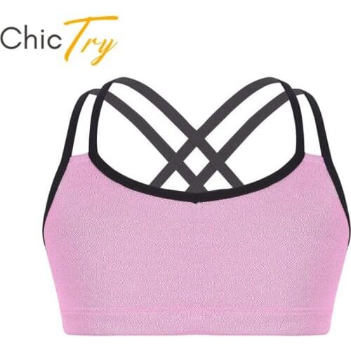ChicTry Kids Girls Shiny Metallic Double Shoulder Straps Ballet Gymnastics Crop Tops Children Stage Performance Dance Costume