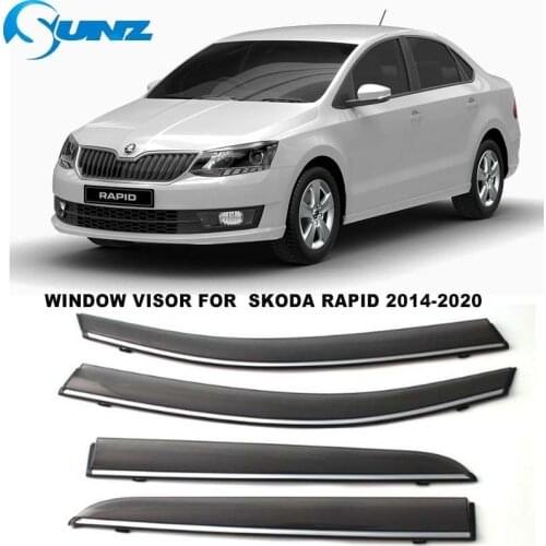 Side Window Deflector For Skoda Rapid 2014 2015 2016 2017 2018 2019 2020 4pcs Chrome Trim Window Visors Sun Rain Deflectors SUNZ