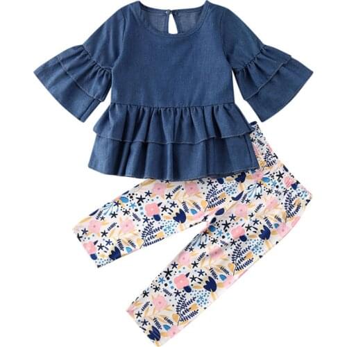1-6 Years Toddler Baby Girls Clothes Set 2020 Spring Autumn Kids Set Ruffled Pleated Shirt Dress Tops Floral Pants Girls Outfits