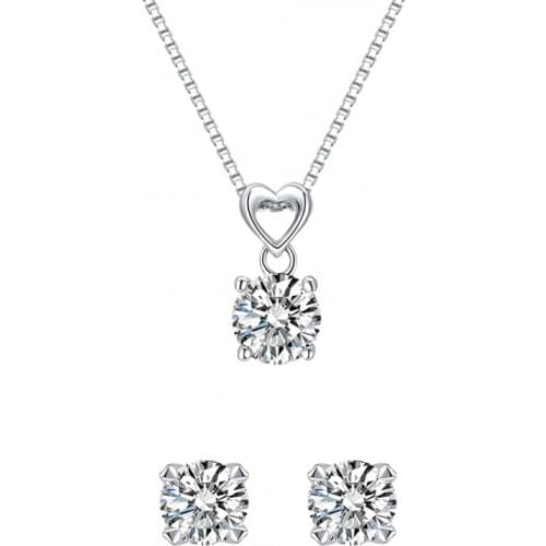 COCOM Classic Silver 925 Crystal Jewelry Set Heart Shaped Box Chain Pendant Necklace+Stud Earrings with Free Jewelry Gift Box