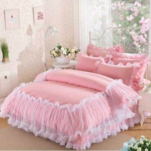 Korean Pink Lace Bedspread Bedding Set 4Pcs Romantic Princess Bedclothes Bed Set Cotton Duvet Covers Bed Skirt Queen King Size
