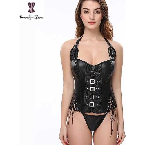 Halterneck Corset Overbust Corsets Steampunk Women Korset Solid Black Brown Bustier Fish Boned Gothic Corselet Sexy Punk Gorset