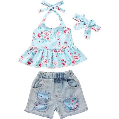 Baby Girl Suit Summer Child Sling Floral Top + Ripped Denim Shorts 2-Piece Set Fashion Casual Child Suits For Girl Clothing Set
