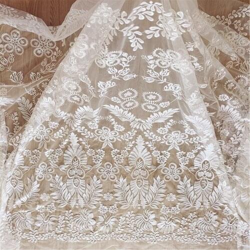 Ivory White Mesh Embroidery Lace Fabric Wedding Dresses Leaves Plants Flower Clothing Materials V2778