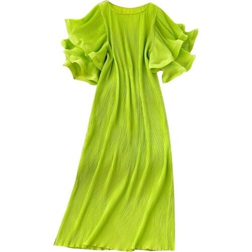 Summer Women Bohemian Maxi Dress Sweet Double Layer Ruffles Sleeve Chiffon Pleated Dress High-end vestidos de mujer casual